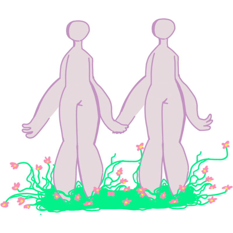 an illustration of two featureless people, their skin is light muted purple and they are holding hands. The people are standing on a patch spring green grass with pink flowers